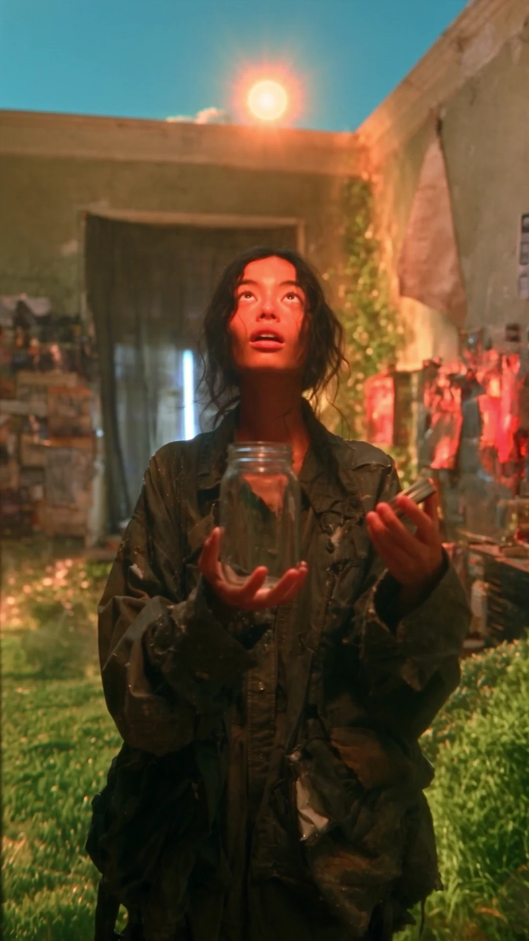Still from Summer Afternoon, July 1994: a woman holds a glass jar with a sunlit sky inside it